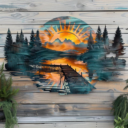 UV Printed Aluminum Metal Wall Art, Lake Dock Sunburst, Mountain Cabin Decor
