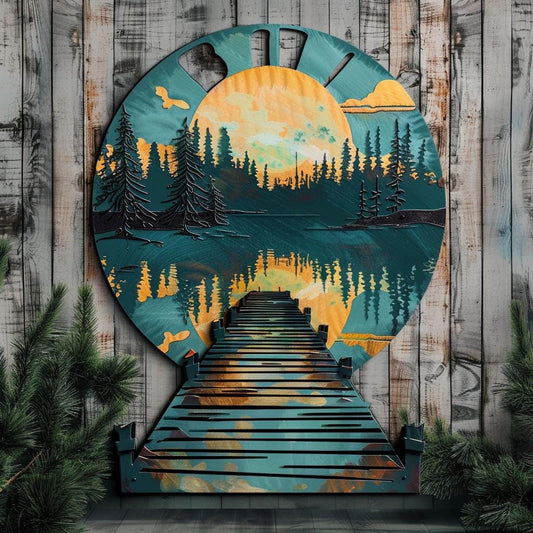 UV Printed Aluminum Metal Wall Art, Lake Dock Sunburst, Mountain Cabin Decor