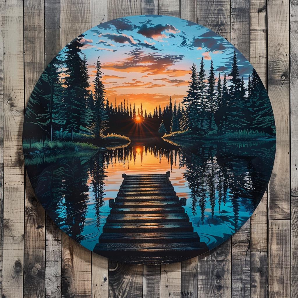 UV Printed Aluminum Metal Wall Art, Lake Dock Sunburst, Mountain Cabin Decor