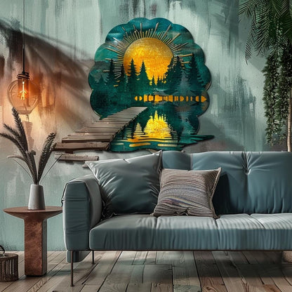 UV Printed Aluminum Metal Wall Art, Lake Dock Sunburst, Mountain Cabin Decor