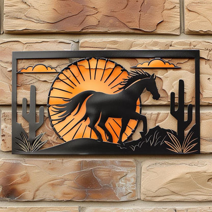 Wild Horse Sunburst Metal Wall Art, Southwestern Desert Ranch Decor, UV Printed Aluminum Sign