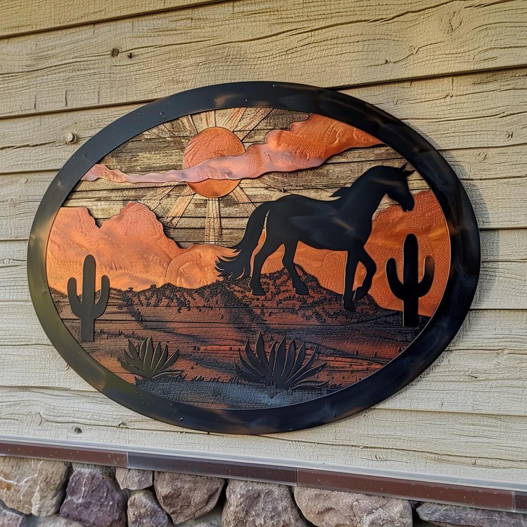 Wild Horse Sunburst Metal Wall Art, Southwestern Desert Ranch Decor, UV Printed Aluminum Sign