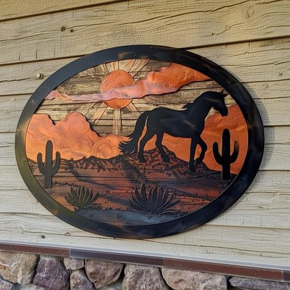 Wild Horse Sunburst Metal Wall Art, Southwestern Desert Ranch Decor, UV Printed Aluminum Sign