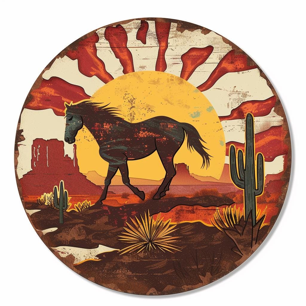 Wild Horse Sunburst Metal Wall Art, Southwestern Desert Ranch Decor, UV Printed Aluminum Sign
