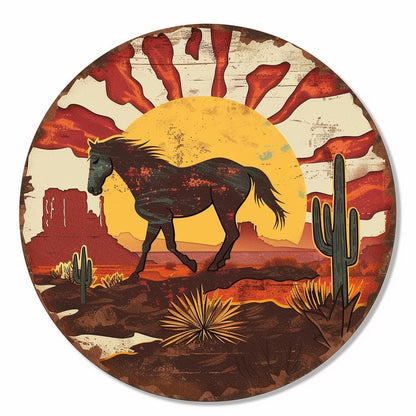 Wild Horse Sunburst Metal Wall Art, Southwestern Desert Ranch Decor, UV Printed Aluminum Sign