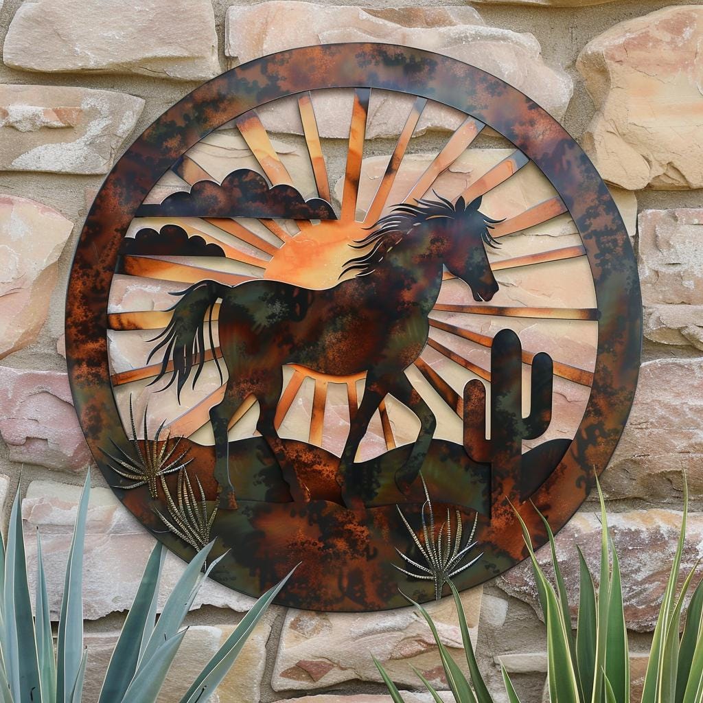 Wild Horse Sunburst Metal Wall Art, Southwestern Desert Ranch Decor, UV Printed Aluminum Sign