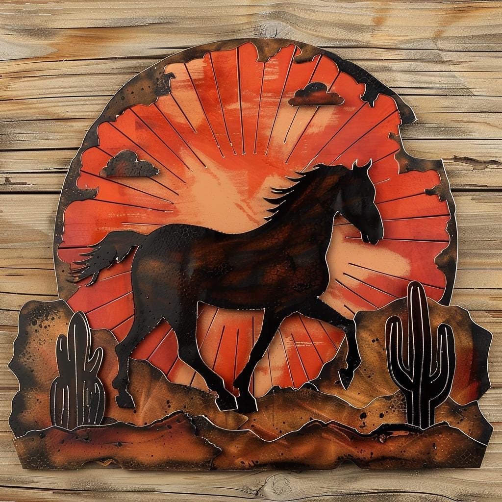 Wild Horse Sunburst Metal Wall Art, Southwestern Desert Ranch Decor, UV Printed Aluminum Sign