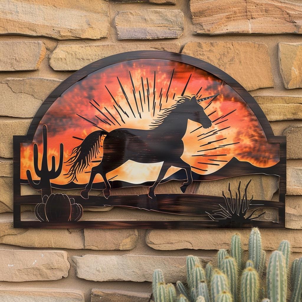 Wild Horse Sunburst Metal Wall Art, Southwestern Desert Ranch Decor, UV Printed Aluminum Sign