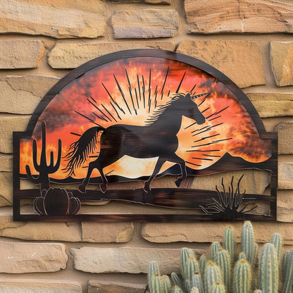 Wild Horse Sunburst Metal Wall Art, Southwestern Desert Ranch Decor, UV Printed Aluminum Sign