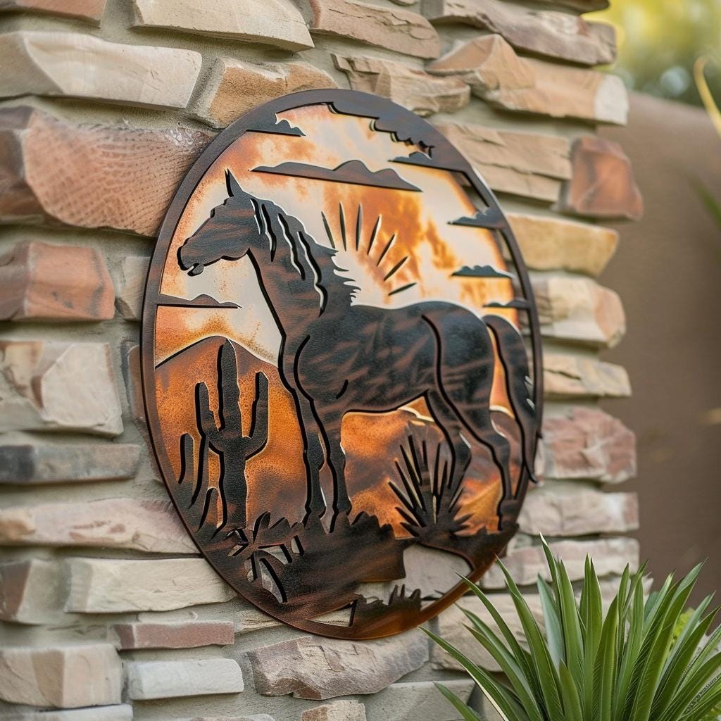 Wild Horse Sunburst Metal Wall Art, Southwestern Desert Ranch Decor, UV Printed Aluminum Sign