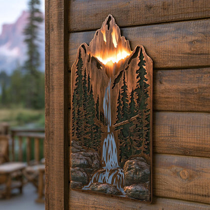 Mountain Waterfall Metal Art, Rustic Pine Forest Cabin Decor, UV Printed Aluminum Sign