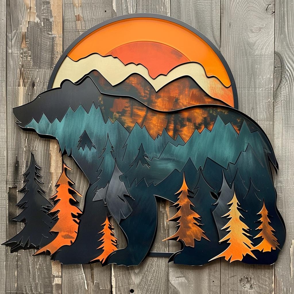 Bear Forest Metal Wall Art Rustic Cabin Lodge Wildlife Wall Decor