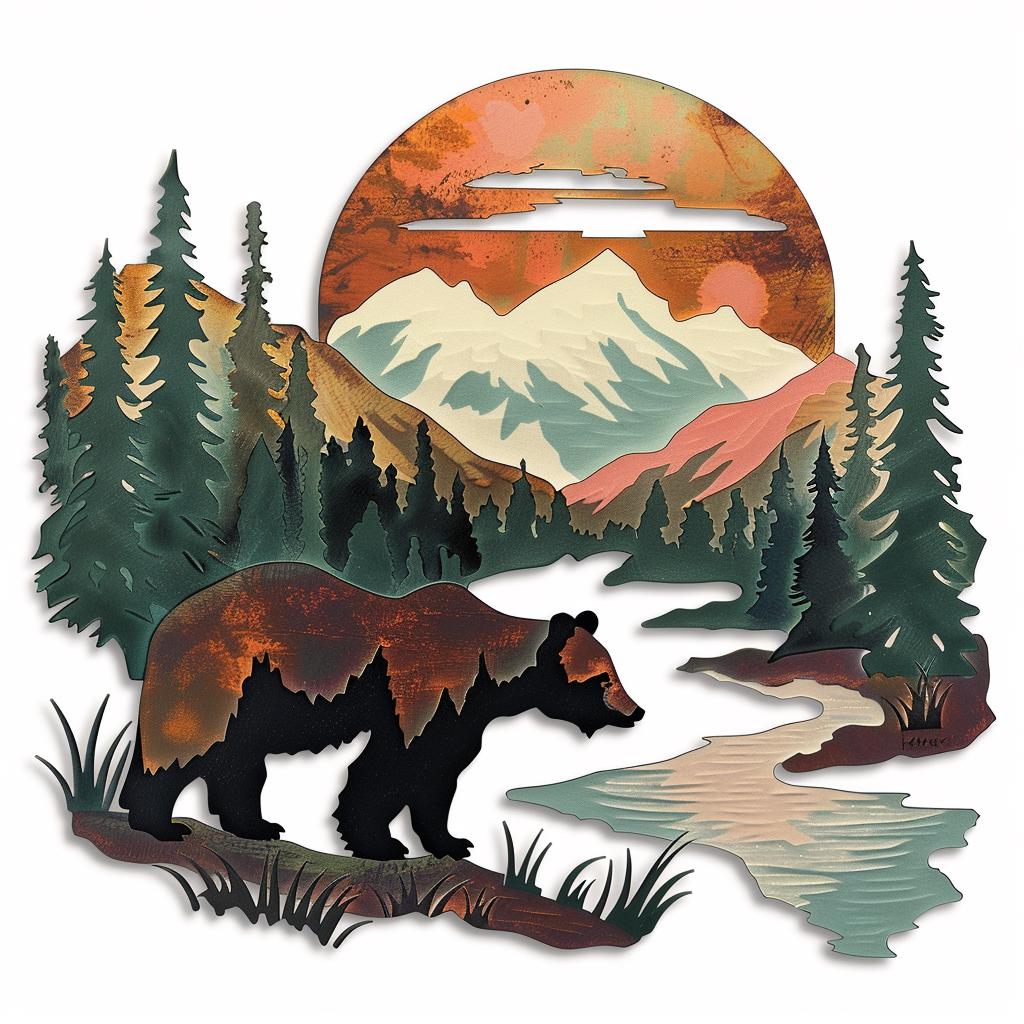 Bear Forest Metal Wall Art Rustic Cabin Lodge Wildlife Wall Decor