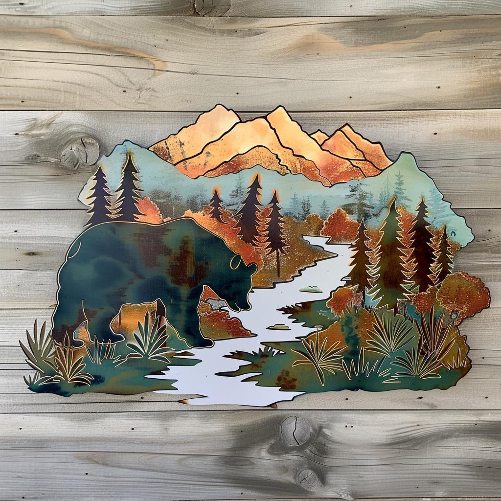 Bear Forest Metal Wall Art Rustic Cabin Lodge Wildlife Wall Decor