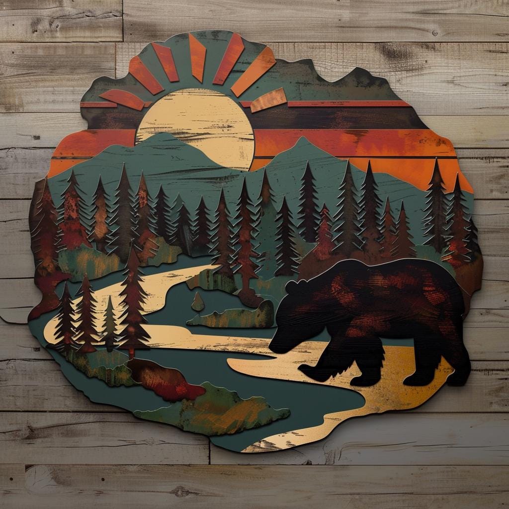 Bear Forest Metal Wall Art Rustic Cabin Lodge Wildlife Wall Decor