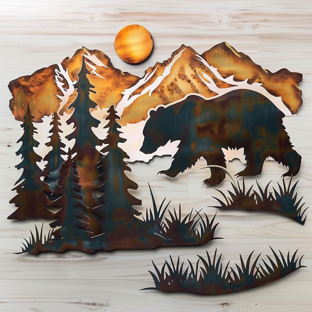 Bear Forest Metal Wall Art Rustic Cabin Lodge Wildlife Wall Decor