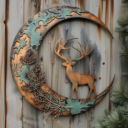 Crescent Moon Deer Metal Wall Art, Woodland Pine Branch Decor, Antique Copper Cabin Sign