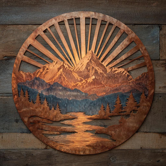 Sunburst Mountain Metal Wall Art, Rustic Lodge Sunset Decor, Cabin Patio Hanging