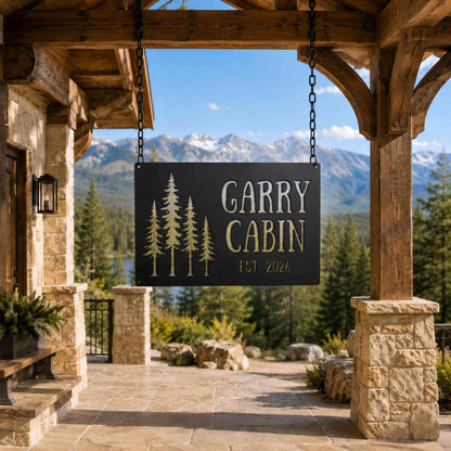 Personalized Cabin Metal Sign, Custom Family Name Sign, Pine Tree Wall Decor, Rustic Pine Forest Wall Art, Lodge House Sign, Family Gift