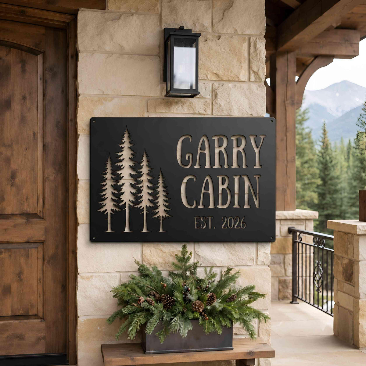 Personalized Cabin Metal Sign, Custom Family Name Sign, Pine Tree Wall Decor, Rustic Pine Forest Wall Art, Lodge House Sign, Family Gift