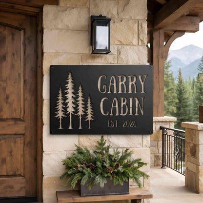 Personalized Cabin Metal Sign, Custom Family Name Sign, Pine Tree Wall Decor, Rustic Pine Forest Wall Art, Lodge House Sign, Family Gift