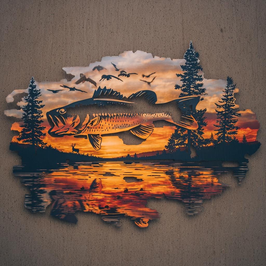 Bass Fishing Metal Wall Art Lake Forest Cabin Outdoor Decor