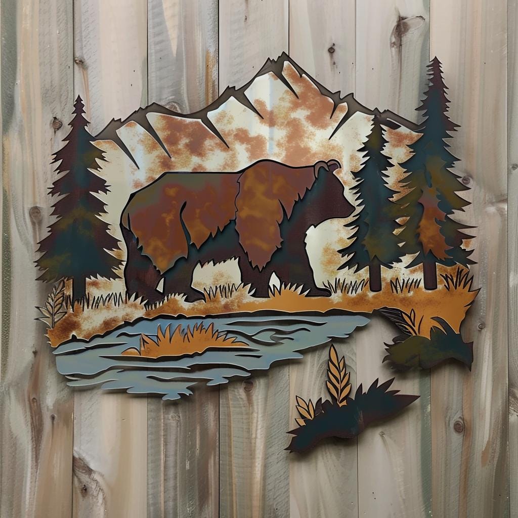 Bear Forest Metal Wall Art Rustic Cabin Lodge Wildlife Wall Decor
