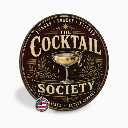 Cocktail Society Sign, Round Metal Home Bar Wall Art, Martini Cocktail Decor, Elegant Bar Sign, Cocktail Sign, Bar Decor, Home Bar Sign