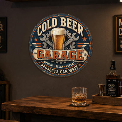 Cold Beer Garage Sign, Round Metal Beer Bar Wall Art, Garage Bar Decor, Wrench Relax Repeat, Man Cave Sign, Gift For Him, Beer Lover Gift