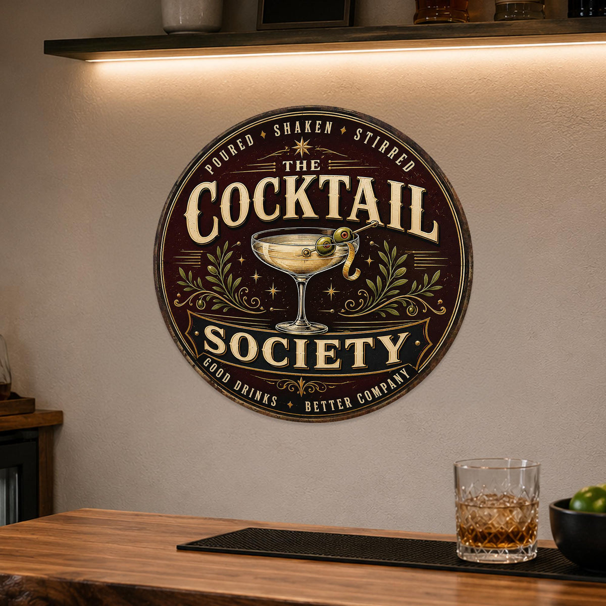 Cocktail Society Sign, Round Metal Home Bar Wall Art, Martini Cocktail Decor, Elegant Bar Sign, Cocktail Sign, Bar Decor, Home Bar Sign