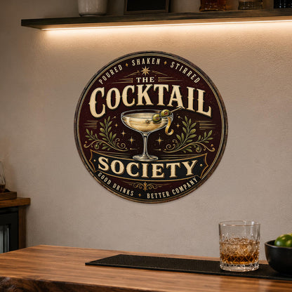 Cocktail Society Sign, Round Metal Home Bar Wall Art, Martini Cocktail Decor, Elegant Bar Sign, Cocktail Sign, Bar Decor, Home Bar Sign