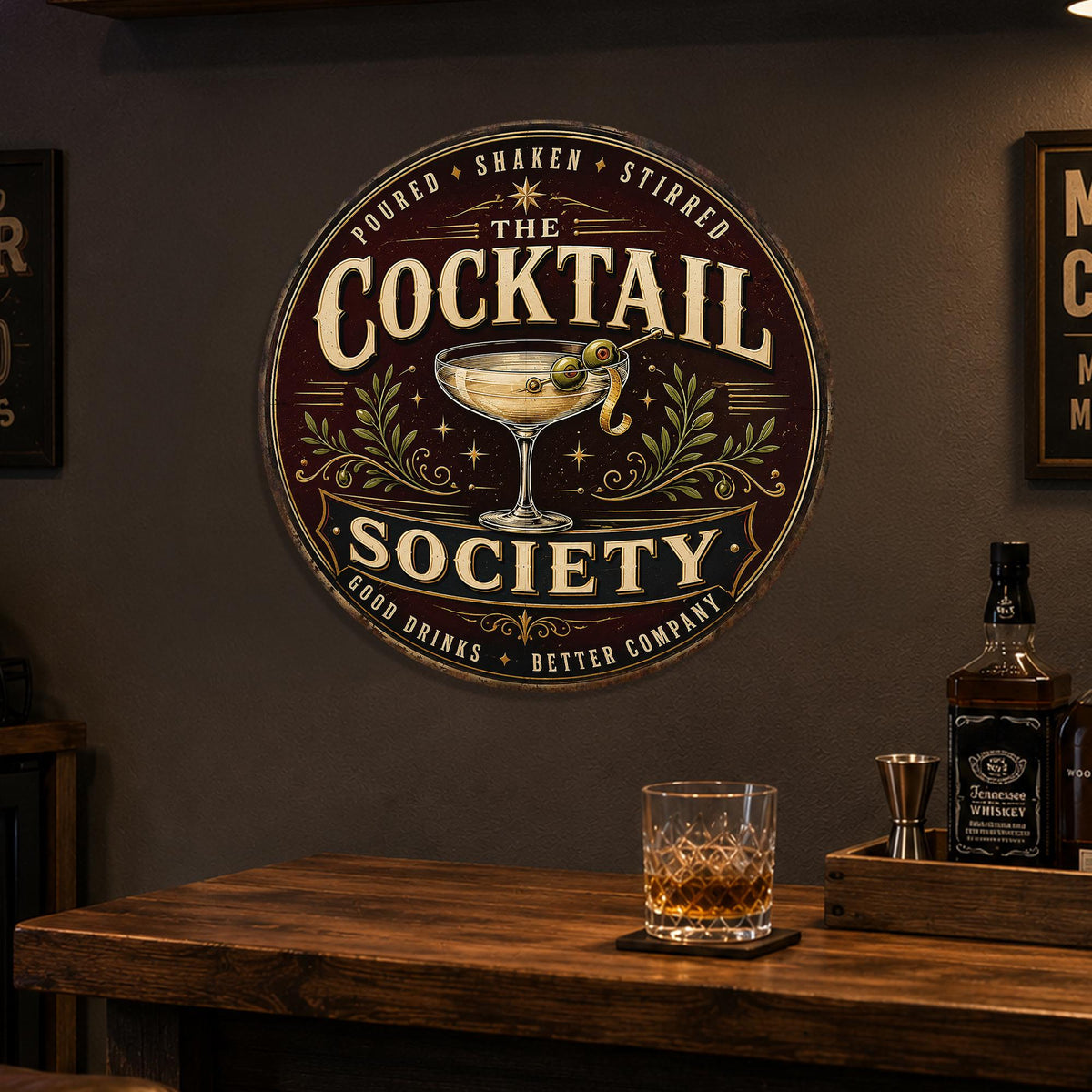 Cocktail Society Sign, Round Metal Home Bar Wall Art, Martini Cocktail Decor, Elegant Bar Sign, Cocktail Sign, Bar Decor, Home Bar Sign