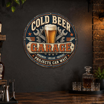 Cold Beer Garage Sign, Round Metal Beer Bar Wall Art, Garage Bar Decor, Wrench Relax Repeat, Man Cave Sign, Gift For Him, Beer Lover Gift