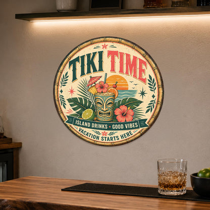 Tiki Time Sign, Round Metal Tiki Bar Wall Art, Island Drinks, Tiki Decor, Tiki Sign, Tropical Decor, Tropical Sign, Beach Bar, Pool Bar