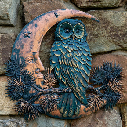 UV Printed Aluminum Owl Moon Metal Wall Art, Celestial Woodland Decor