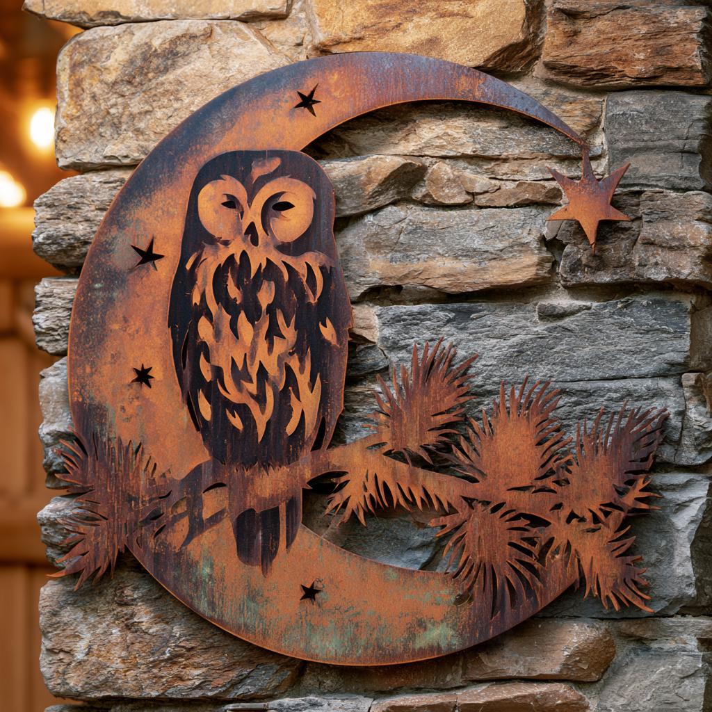 UV Printed Aluminum Owl Moon Metal Wall Art, Celestial Woodland Decor