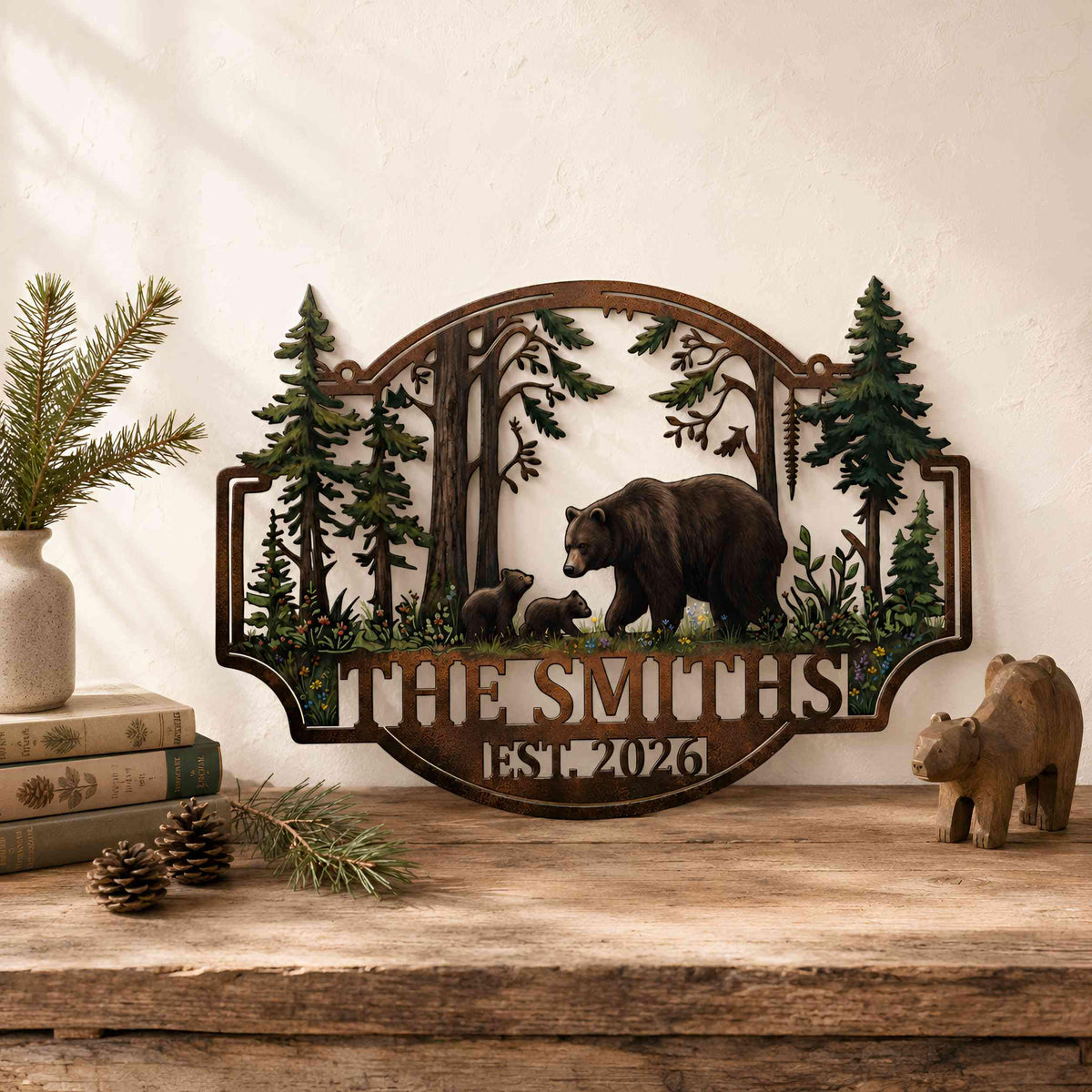 Personalized Bear Family Metal Sign, Custom Woodland Cabin Decor, Rustic Forest Wall Art, Lodge Address Metal Sign, Nature Gift