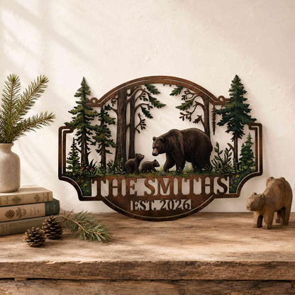 Personalized Bear Family Metal Sign, Custom Woodland Cabin Decor, Rustic Forest Wall Art, Lodge Address Metal Sign, Nature Gift