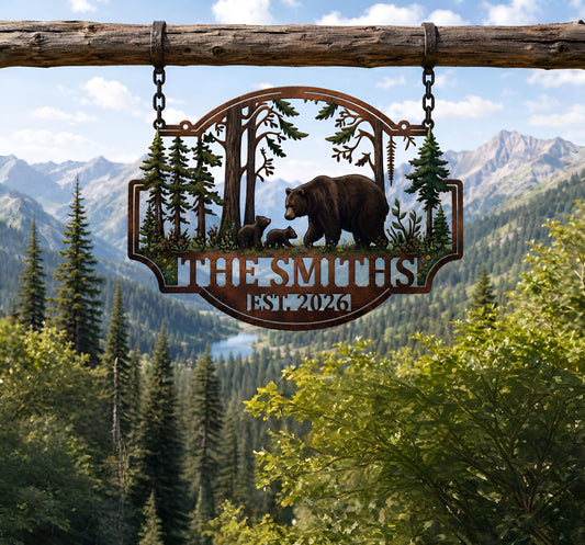 Personalized Bear Family Metal Sign, Custom Woodland Cabin Decor, Rustic Forest Wall Art, Lodge Address Metal Sign, Nature Gift