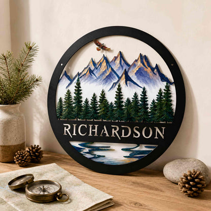 Personalized Mountain Metal Wall Art, Custom Family Name Sign, Rustic Outdoor Decor, Cabin Lodge Wall Decor, Nature Gift