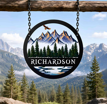Personalized Mountain Metal Wall Art, Custom Family Name Sign, Rustic Outdoor Decor, Cabin Lodge Wall Decor, Nature Gift