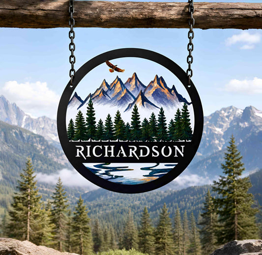 Personalized Mountain Metal Wall Art, Custom Family Name Sign, Rustic Outdoor Decor, Cabin Lodge Wall Decor, Nature Gift