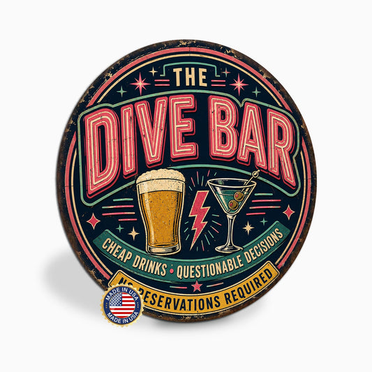 Dive Bar Sign, Round Metal Neon Retro Bar Wall Art, Cheap Drinks Questionable Decisions, Bar Decor, Home Bar Sign, Funny Bar Sign, Man Cave