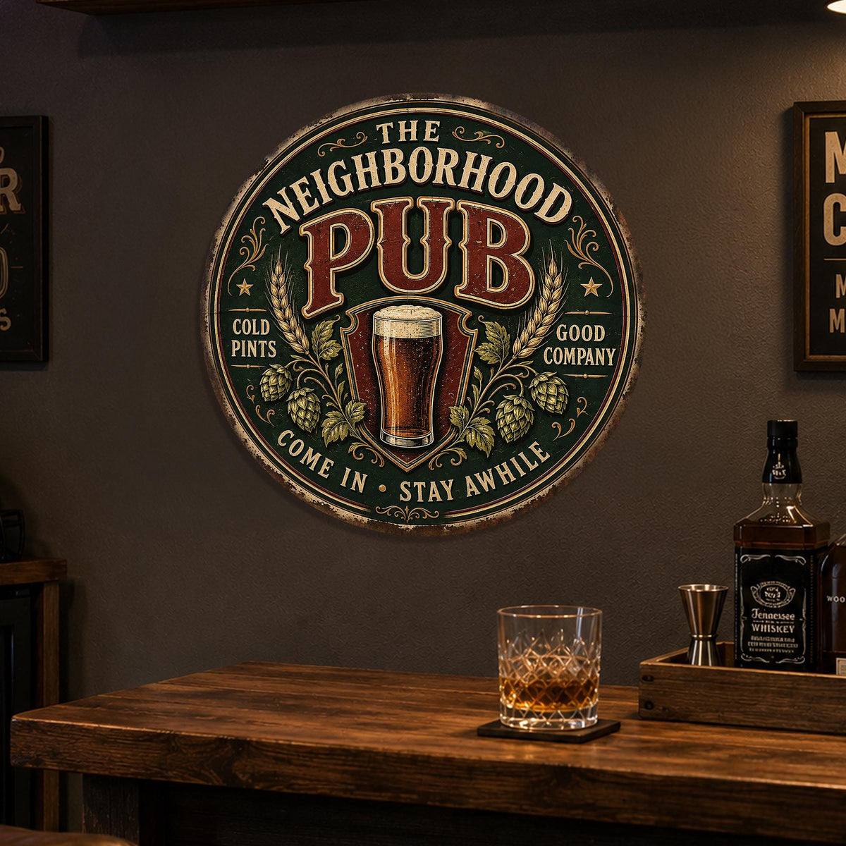 Neighborhood Pub Sign, Round Metal Pub Art, Beer Pint Sign, Cold Pints Good Company, Irish Pub Decor, Pub Sign, Home Pub Decor, Bar Sign