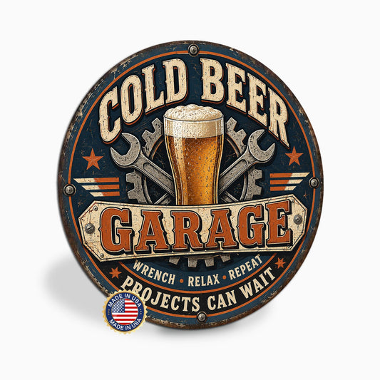 Cold Beer Garage Sign, Round Metal Beer Bar Wall Art, Garage Bar Decor, Wrench Relax Repeat, Man Cave Sign, Gift For Him, Beer Lover Gift