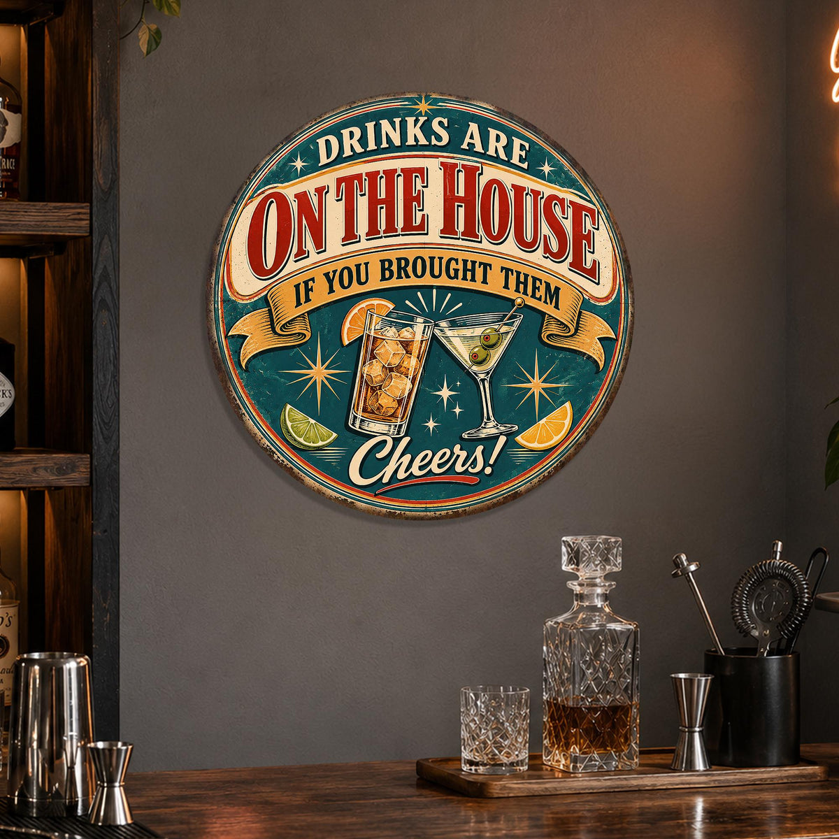 Drinks on the House Sign, Round Metal Sign, Funny Bar Sign, Bar Decor, Home Bar Sign, Home Bar Decor, Drinking Sign, Gift For Drinkers
