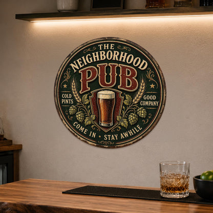 Neighborhood Pub Sign, Round Metal Pub Art, Beer Pint Sign, Cold Pints Good Company, Irish Pub Decor, Pub Sign, Home Pub Decor, Bar Sign