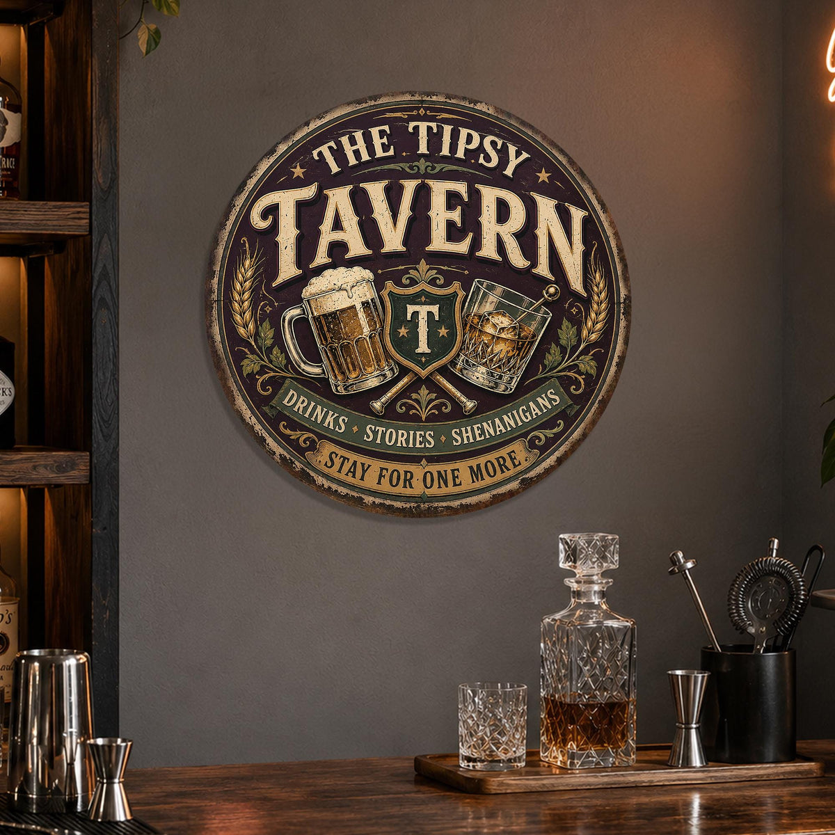 Tipsy Tavern Sign, Round Metal Tavern Sign, Bar Sign, Home Bar Decor, Pub Decor, Funny Bar Sign, Drinking Sign, Man Cave Decor, Unique Gifts