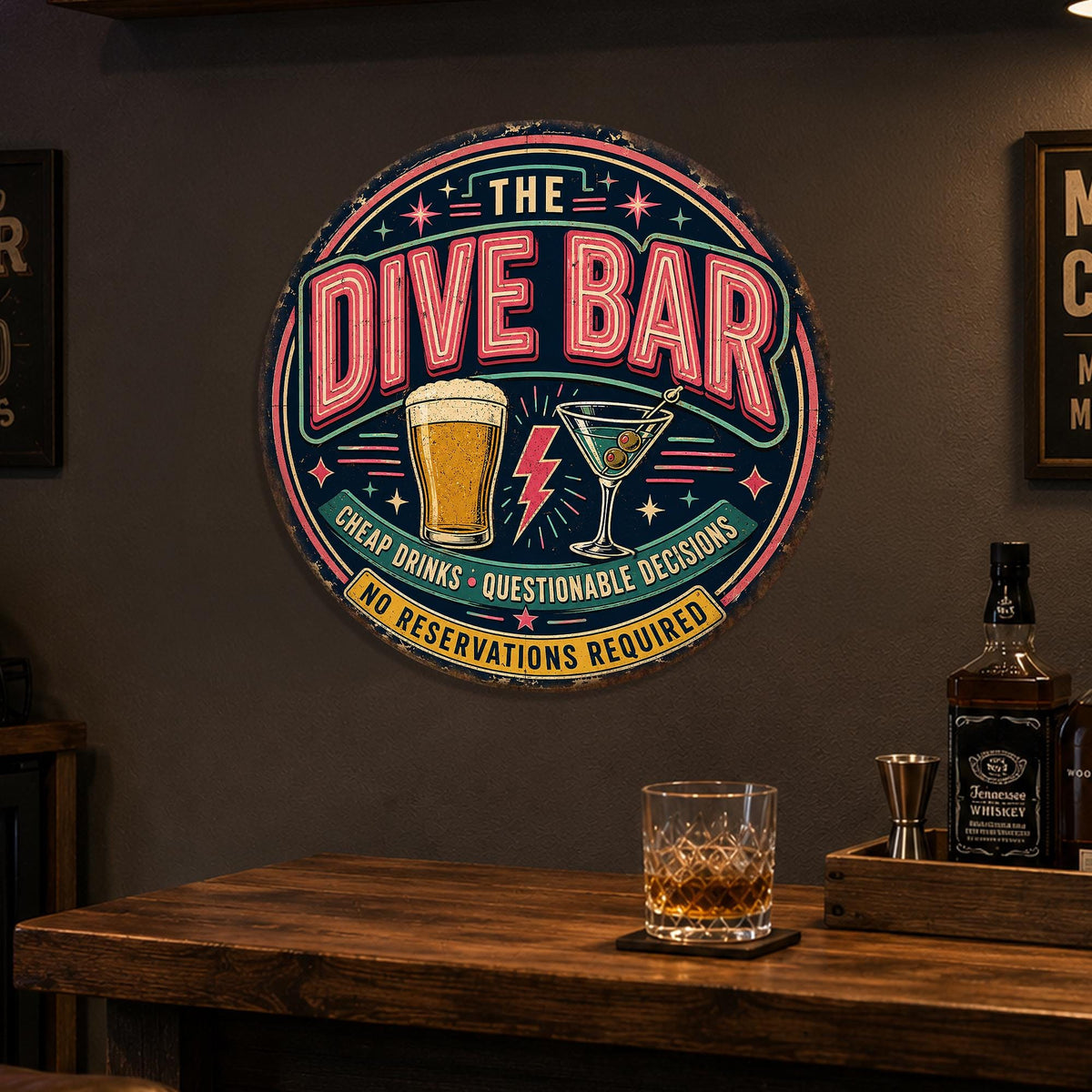 Dive Bar Sign, Round Metal Neon Retro Bar Wall Art, Cheap Drinks Questionable Decisions, Bar Decor, Home Bar Sign, Funny Bar Sign, Man Cave