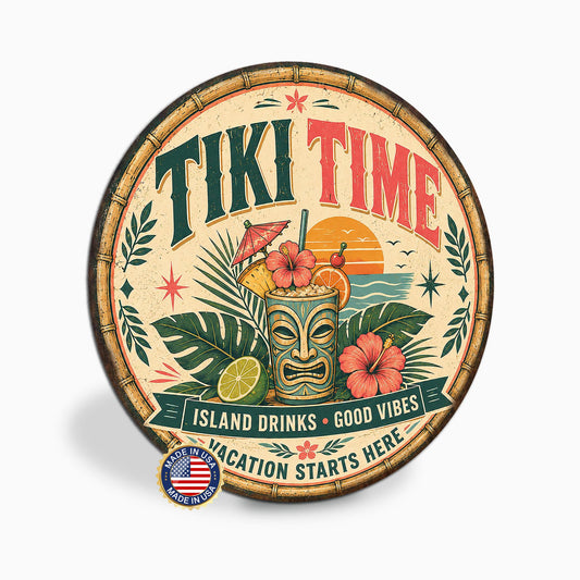 Tiki Time Sign, Round Metal Tiki Bar Wall Art, Island Drinks, Tiki Decor, Tiki Sign, Tropical Decor, Tropical Sign, Beach Bar, Pool Bar